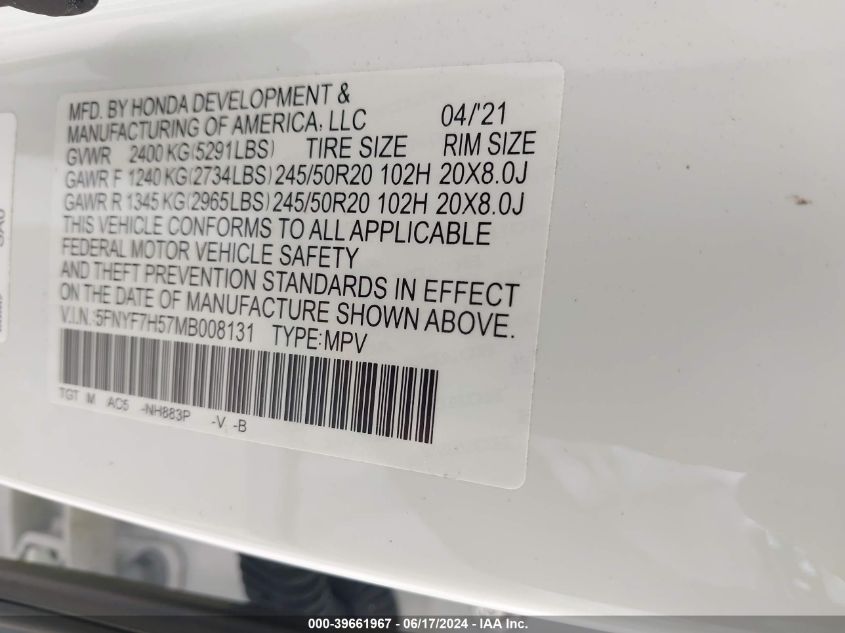 2021 Honda Passport 2Wd Ex-L VIN: 5FNYF7H57MB008131 Lot: 39661967