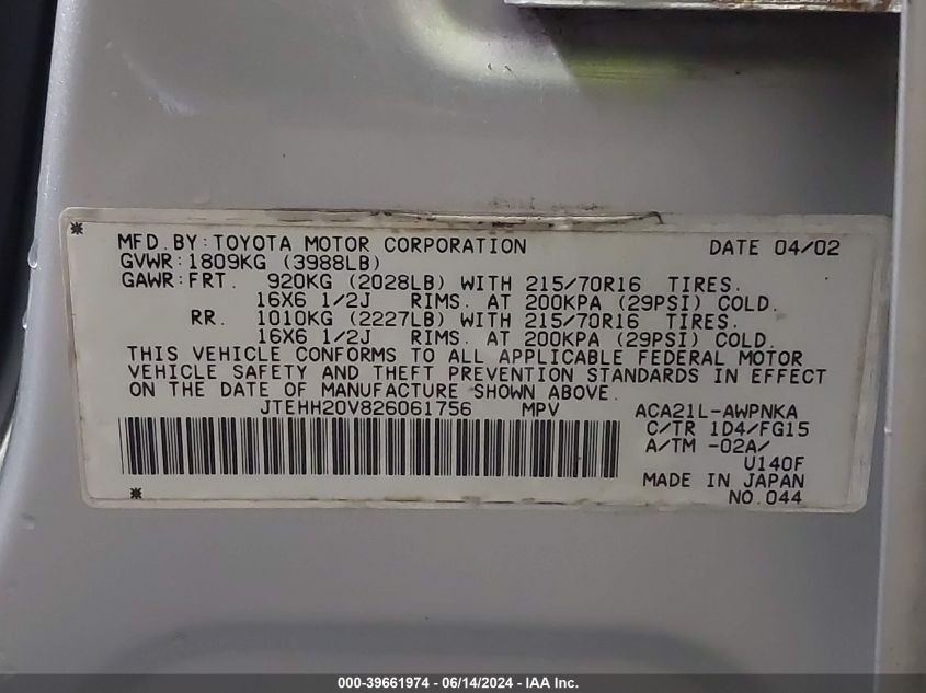 2002 Toyota Rav4 VIN: JTEHH20V826061756 Lot: 39661974