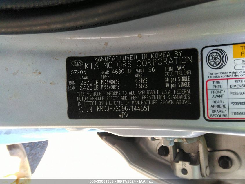 2006 Kia Sportage Ex V6/Lx V6 VIN: KNDJF723967144651 Lot: 39661989