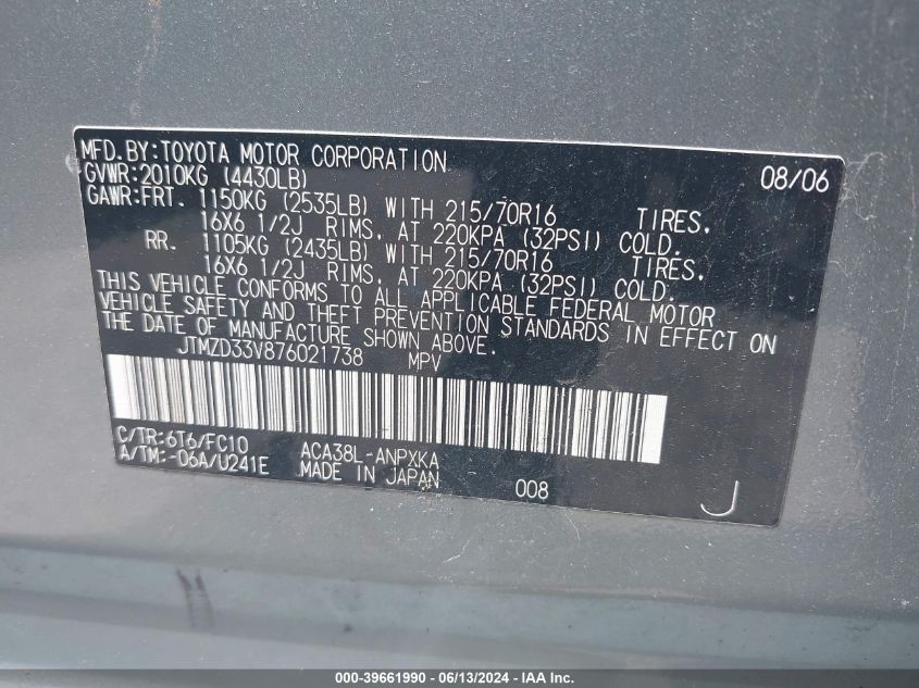 2007 Toyota Rav4 VIN: JTMZD33V876021738 Lot: 39661990