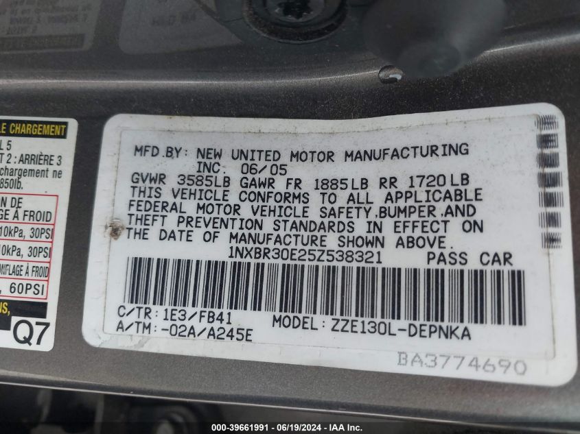 2005 Toyota Corolla Ce/Le/S VIN: 1NXBR30E25Z538321 Lot: 39661991