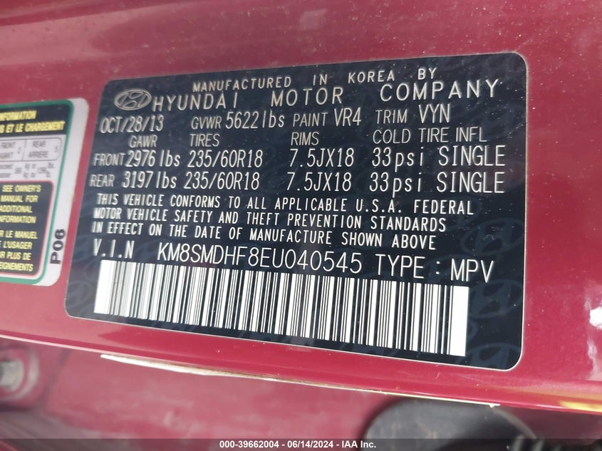 2014 Hyundai Santa Fe Gls VIN: KM8SMDHF8EU040545 Lot: 39662004