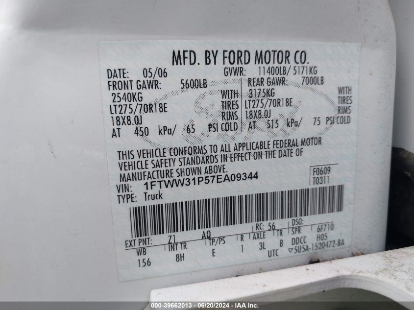 2007 Ford F-350 Lariat/Xl/Xlt VIN: 1FTWW31P57EA09344 Lot: 39662013