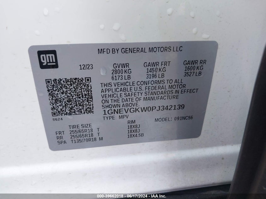 2023 Chevrolet Traverse Awd Lt Cloth VIN: 1GNEVGKW0PJ342139 Lot: 39662018