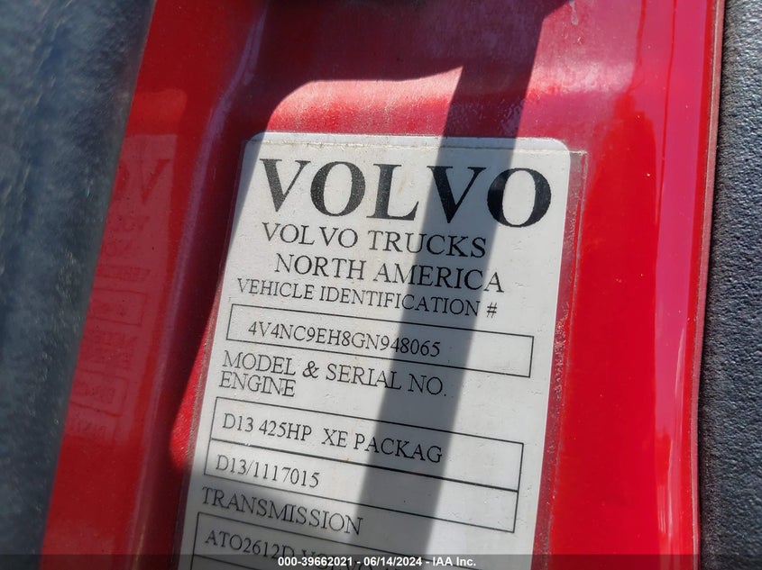 2016 Volvo Vn Vnl VIN: 4V4NC9EH8GN948065 Lot: 39662021