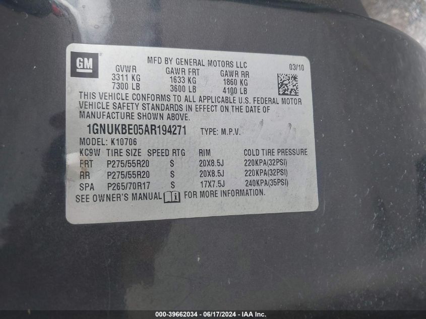2010 Chevrolet Tahoe Lt VIN: 1GNUKBE05AR194271 Lot: 39662034