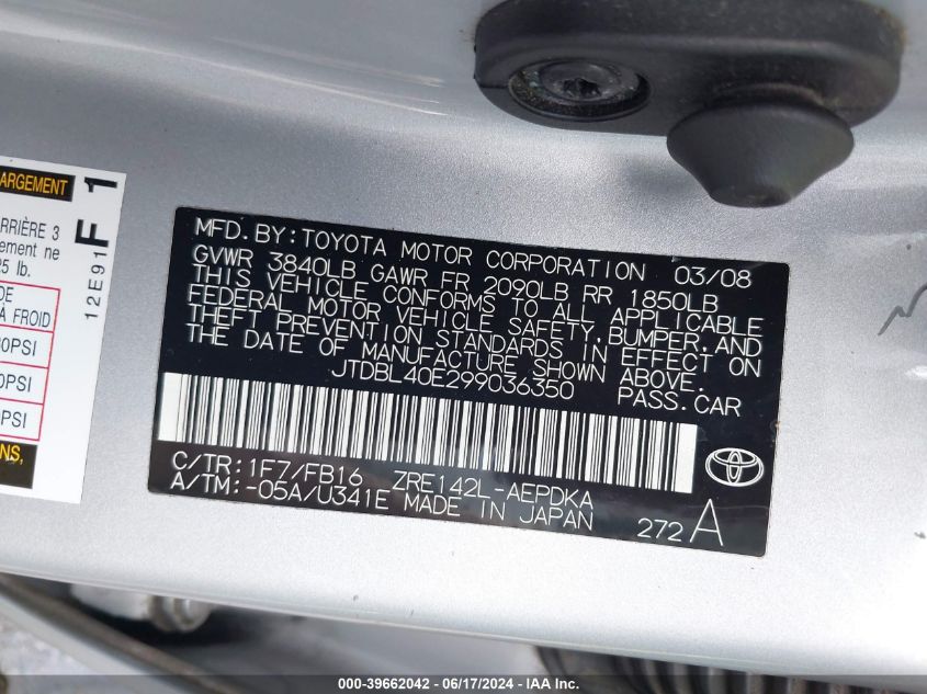 2009 Toyota Corolla Le VIN: JTDBL40E299036350 Lot: 39662042