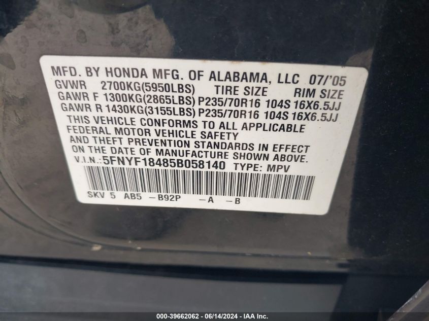 2005 Honda Pilot Ex VIN: 5FNYF18485B058140 Lot: 39662062