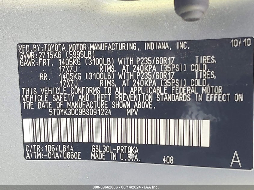 2011 Toyota Sienna Xle V6 VIN: 5TDYK3DC9BS091224 Lot: 39662086