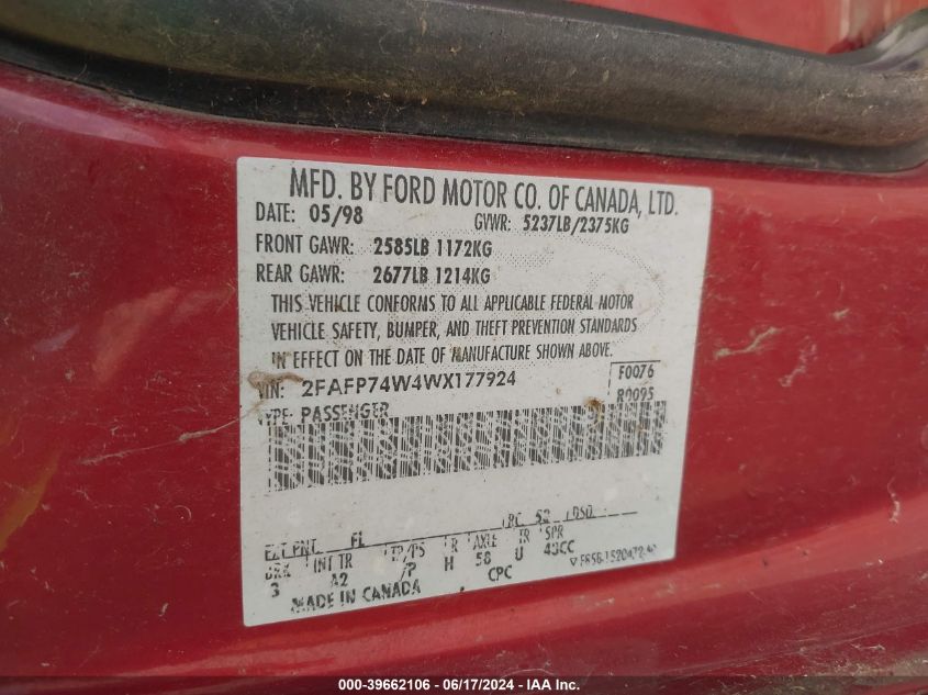 1998 Ford Crown Victoria Lx VIN: 2FAFP74W4WX177924 Lot: 39662106