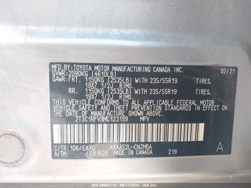 2021 Toyota Rav4 Xle Premium VIN: 2T3C1RFV9MC123199 Lot: 39662110