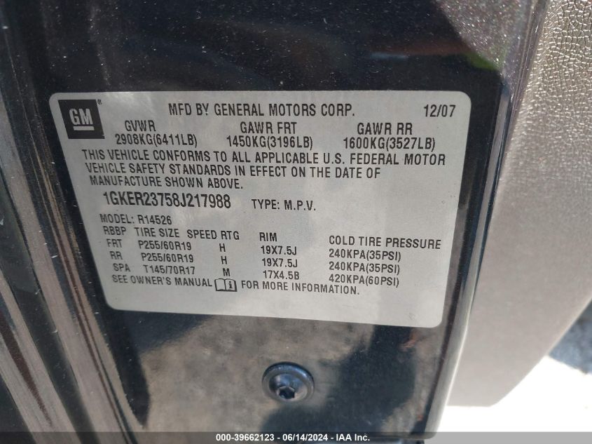 2008 GMC Acadia Slt-1 VIN: 1GKER23758J217988 Lot: 39662123