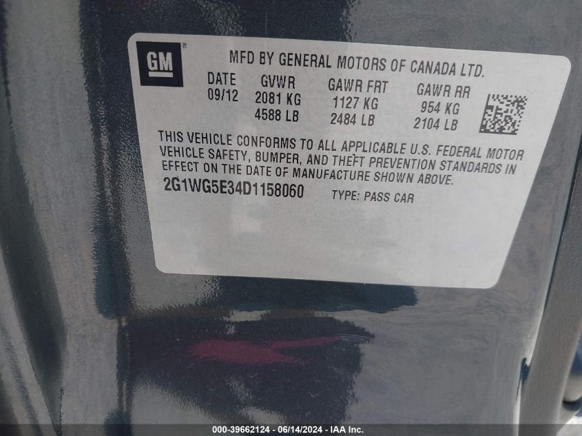 2013 Chevrolet Impala Lt VIN: 2G1WG5E34D1158060 Lot: 39662124