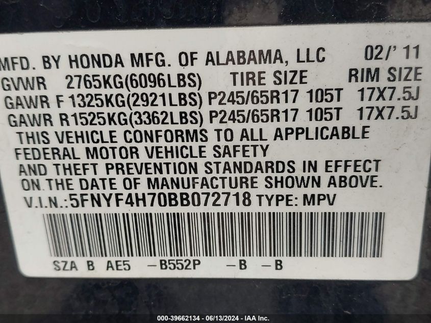 2011 Honda Pilot Ex-L VIN: 5FNYF4H70BB072718 Lot: 39662134