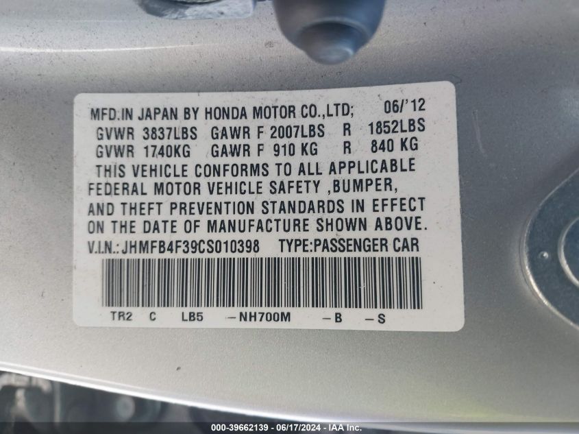 2012 Honda Civic Hybrid VIN: JHMFB4F39CS010398 Lot: 39662139