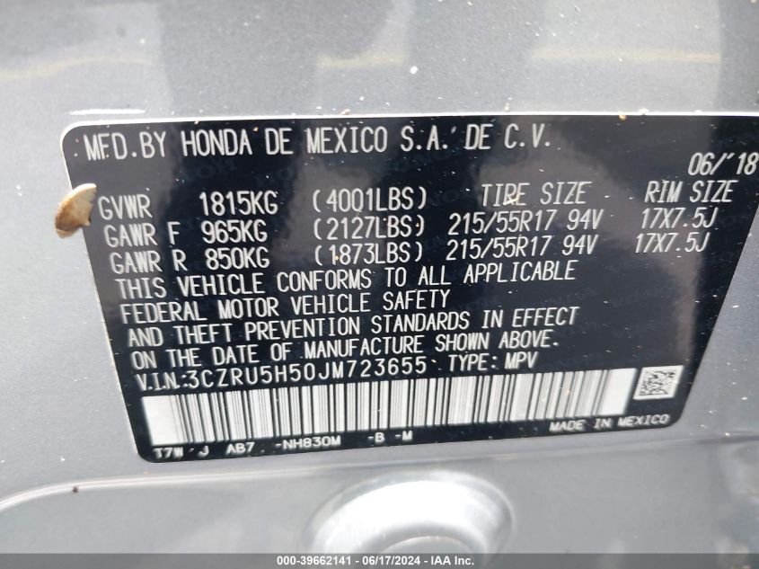 2018 Honda Hr-V Ex VIN: 3CZRU5H50JM723655 Lot: 39662141