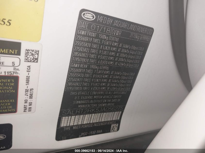 2018 Land Rover Discovery Hse Luxury VIN: SALRT2RK5JA056275 Lot: 39662153