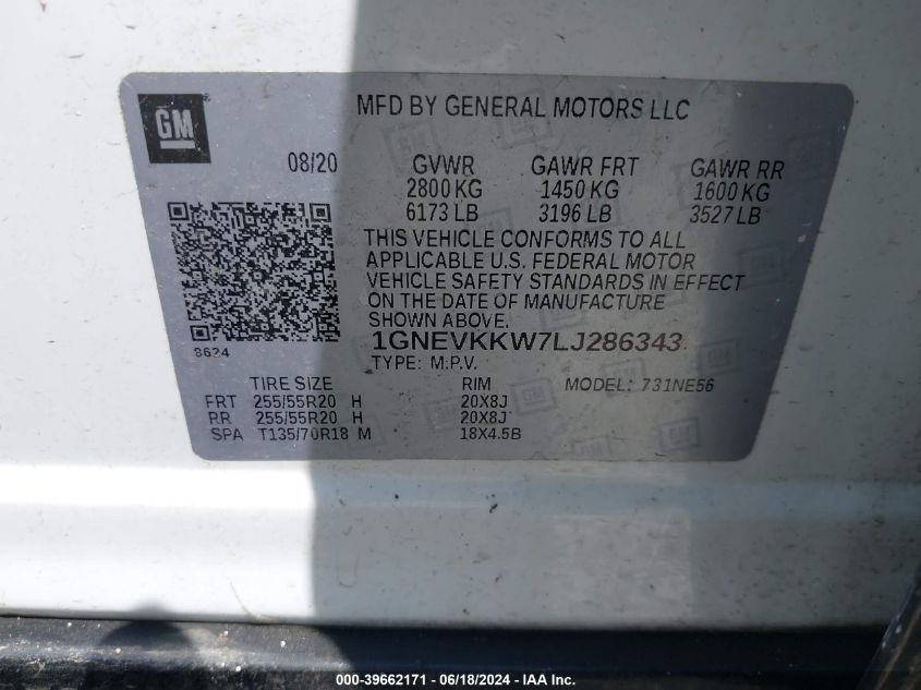 2020 Chevrolet Traverse Awd Premier VIN: 1GNEVKKW7LJ286343 Lot: 39662171