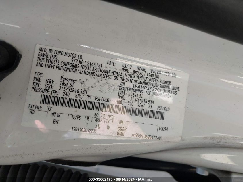 2012 Ford Focus Se VIN: 1FAHP3F22CL365345 Lot: 39662173