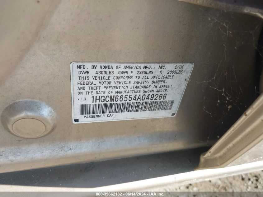 2004 Honda Accord 3.0 Ex VIN: 1HGCM66554A049266 Lot: 39662182