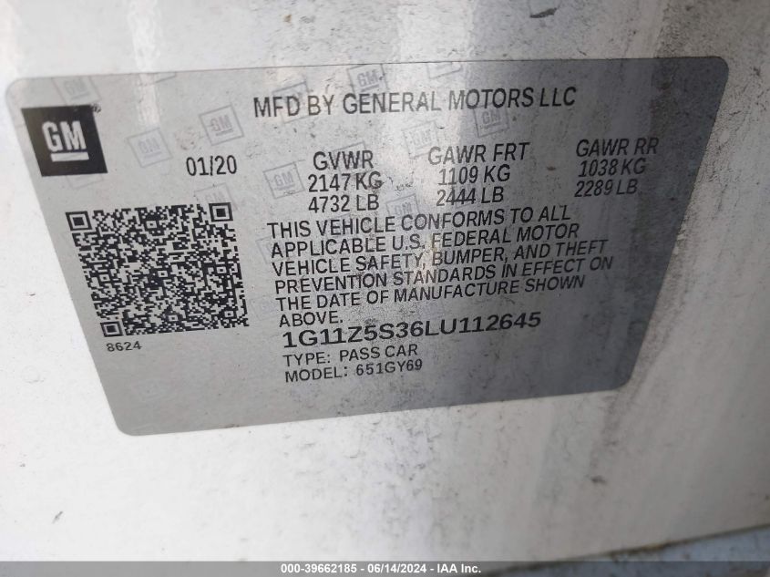 2020 Chevrolet Impala Fwd Lt VIN: 1G11Z5S36LU112645 Lot: 39662185