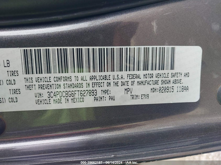 2015 Dodge Journey Sxt VIN: 3C4PDCBG6FT627893 Lot: 39662187