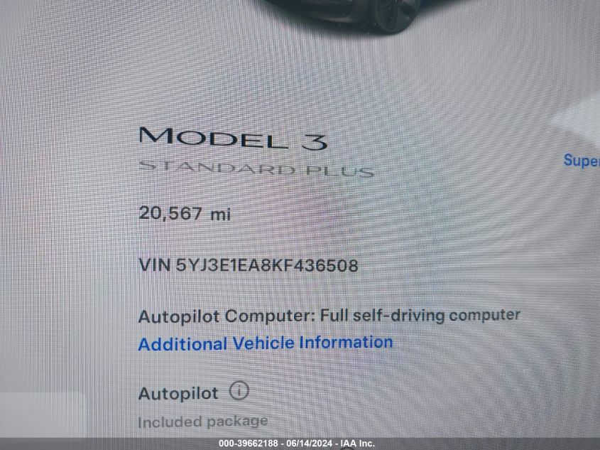 2019 Tesla Model 3 Long Range/Mid Range/Standard Range/Standard Range Plus VIN: 5YJ3E1EA8KF436508 Lot: 39662188