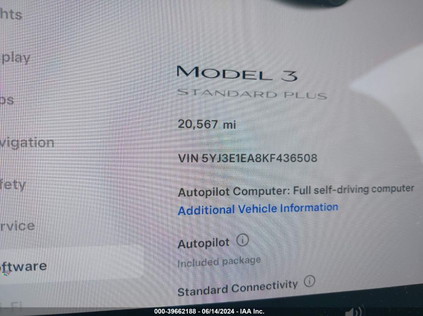 2019 Tesla Model 3 Long Range/Mid Range/Standard Range/Standard Range Plus VIN: 5YJ3E1EA8KF436508 Lot: 39662188