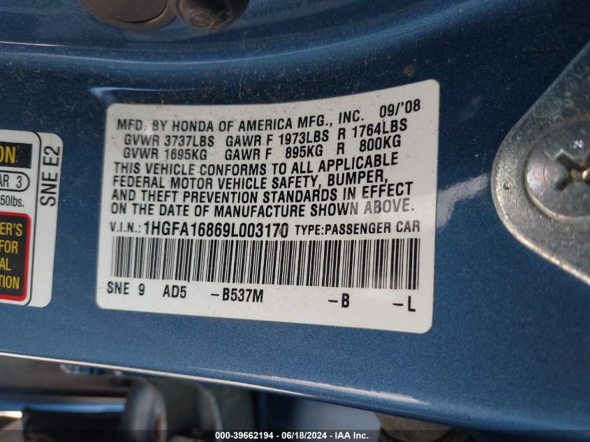 2009 Honda Civic Ex VIN: 1HGFA16869L003170 Lot: 39662194