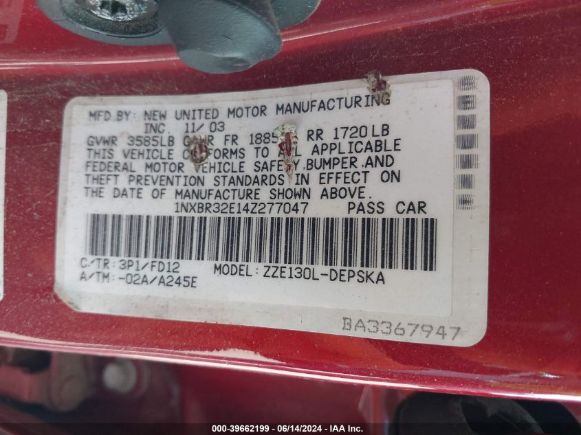 2004 Toyota Corolla S VIN: 1NXBR32E14Z277047 Lot: 39662199