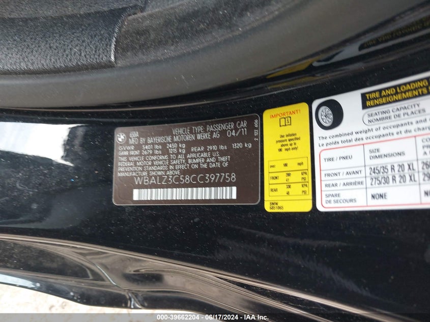 2012 BMW 650I VIN: WBALZ3C58CC397758 Lot: 39662204