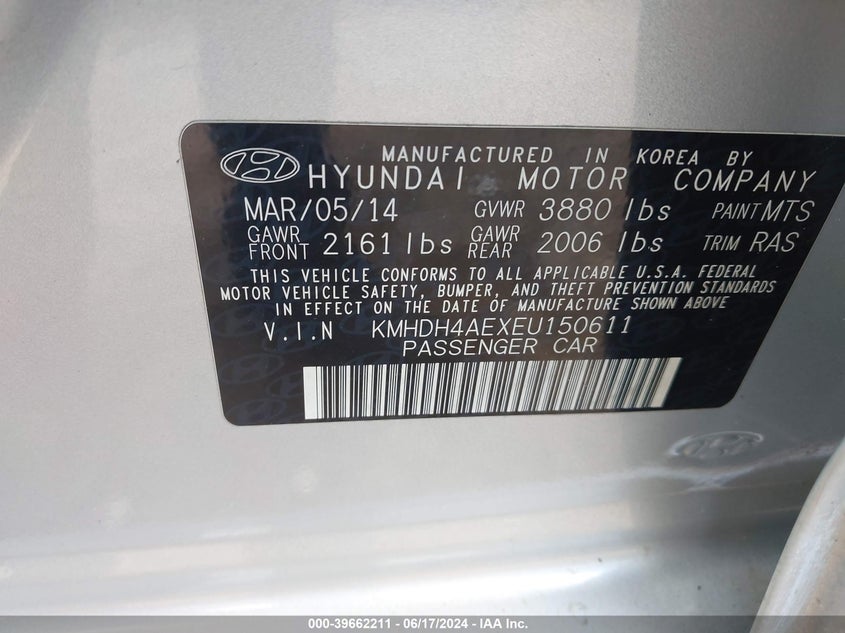 2014 Hyundai Elantra Limited VIN: KMHDH4AEXEU150611 Lot: 39662211