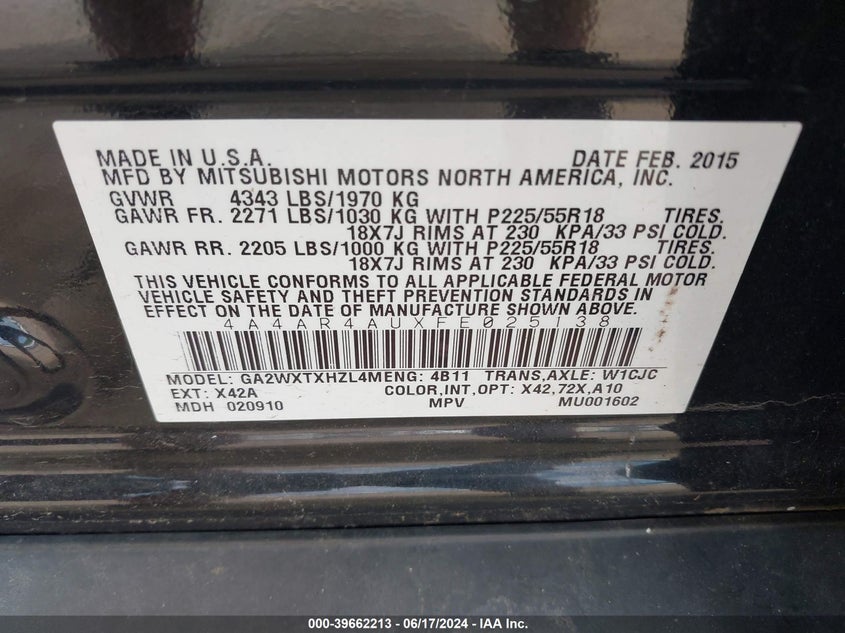 2015 Mitsubishi Outlander Sport Se VIN: 4A4AR4AUXFE025138 Lot: 39662213