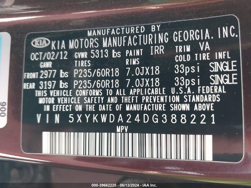 2013 Kia Sorento Sx V6 VIN: 5XYKWDA24DG388221 Lot: 39662225