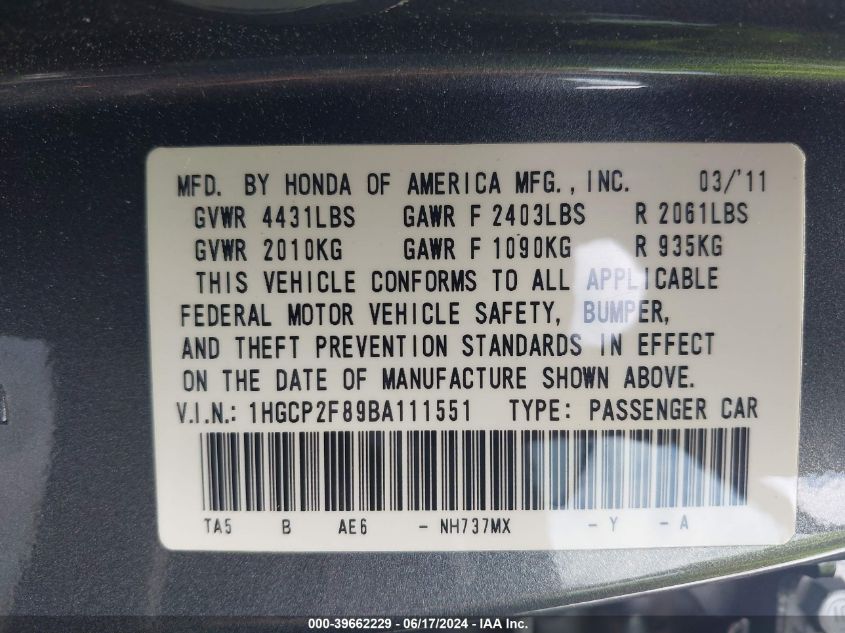 2011 Honda Accord 2.4 Ex-L VIN: 1HGCP2F89BA111551 Lot: 39662229