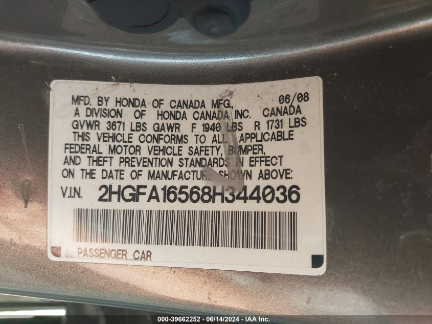 2008 Honda Civic Lx VIN: 2HGFA16568H344036 Lot: 39662252