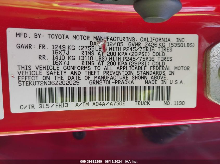 5TEKU72N36Z202029 2006 Toyota Tacoma Prerunner V6