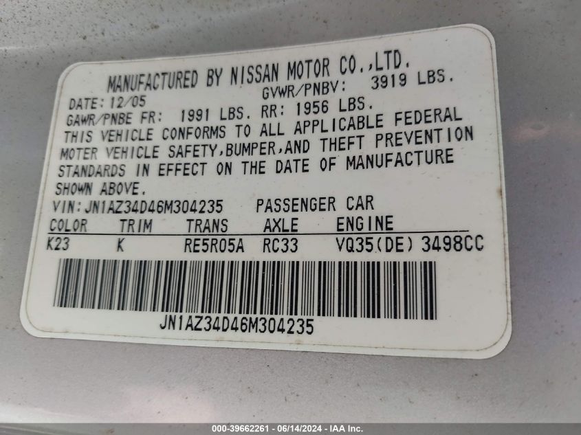 2006 Nissan 350Z Touring VIN: JN1AZ34D46M304235 Lot: 39662261