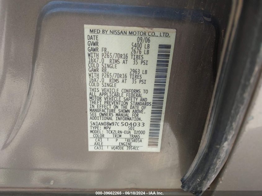 2007 Nissan Xterra S VIN: 5N1AN08W97C504033 Lot: 39662265