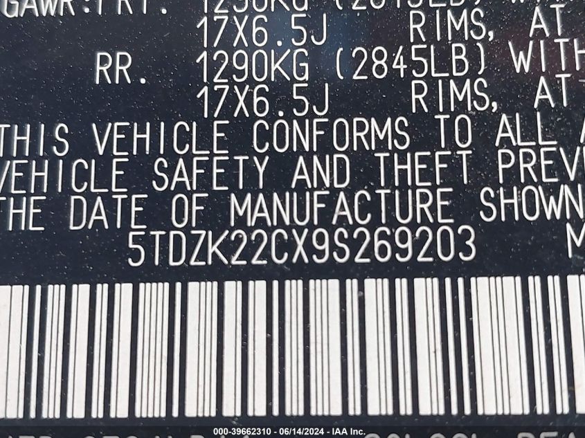 2009 Toyota Sienna Xle VIN: 5TDZK22CX9S269203 Lot: 39662310