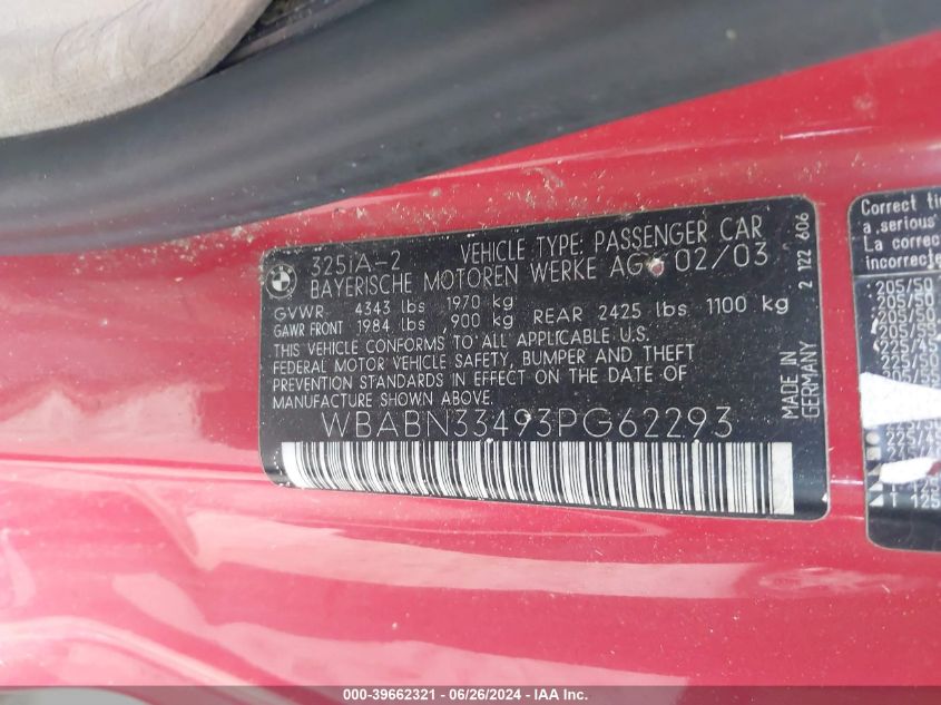 2003 BMW 325 Ci VIN: WBABN33493PG62293 Lot: 39662321