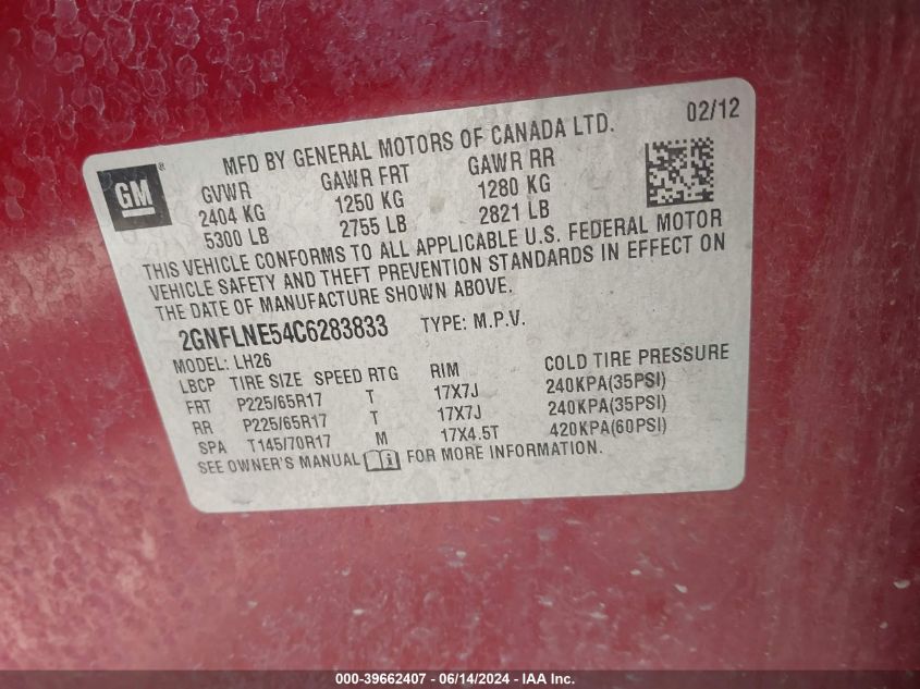 2012 Chevrolet Equinox 2Lt VIN: 2GNFLNE54C6283833 Lot: 39662407