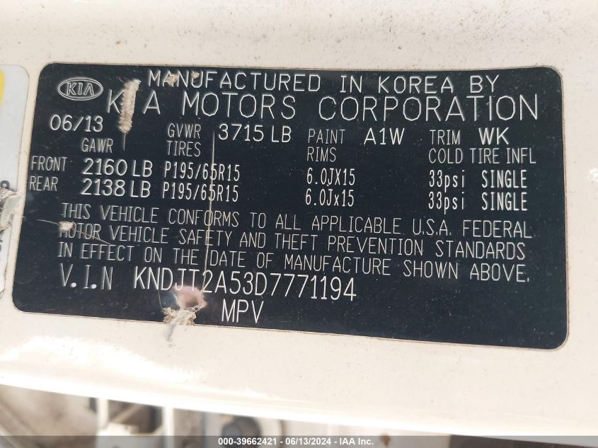 2013 Kia Soul VIN: KNDJT2A53D7771194 Lot: 39662421