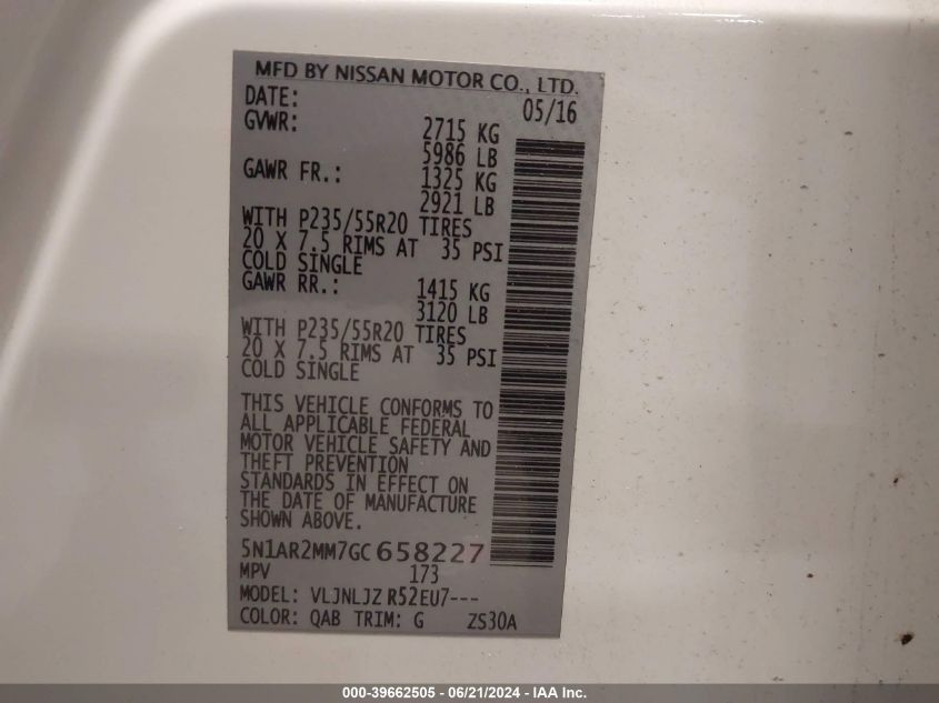 2016 Nissan Pathfinder Platinum VIN: 5N1AR2MM7GC658227 Lot: 39662505