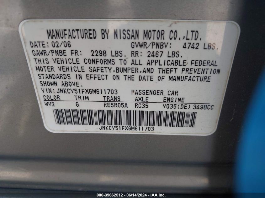 2006 Infiniti G35X VIN: JNKCV51FX6M611703 Lot: 39662512