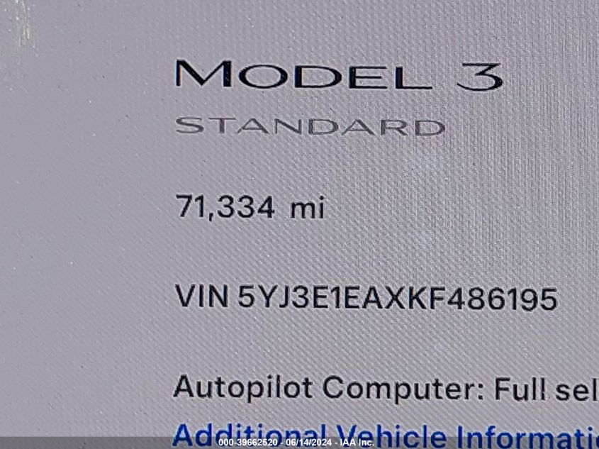 2019 Tesla Model 3 Long Range/Mid Range/Standard Range/Standard Range Plus VIN: 5YJ3E1EAXKF486195 Lot: 39662520