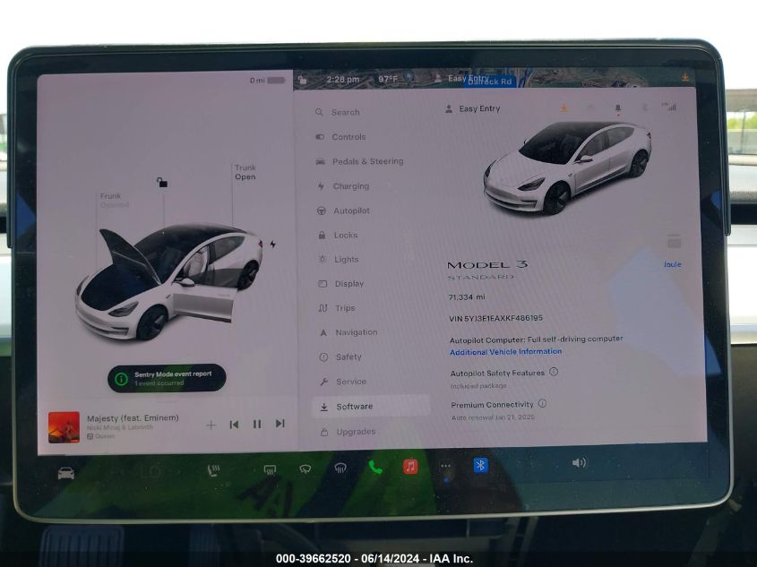 2019 Tesla Model 3 Long Range/Mid Range/Standard Range/Standard Range Plus VIN: 5YJ3E1EAXKF486195 Lot: 39662520