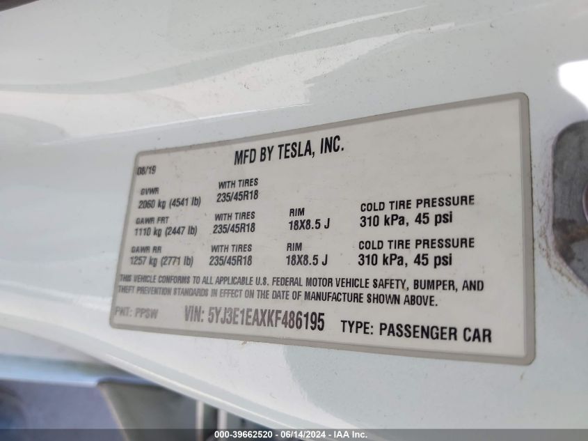 2019 Tesla Model 3 Long Range/Mid Range/Standard Range/Standard Range Plus VIN: 5YJ3E1EAXKF486195 Lot: 39662520