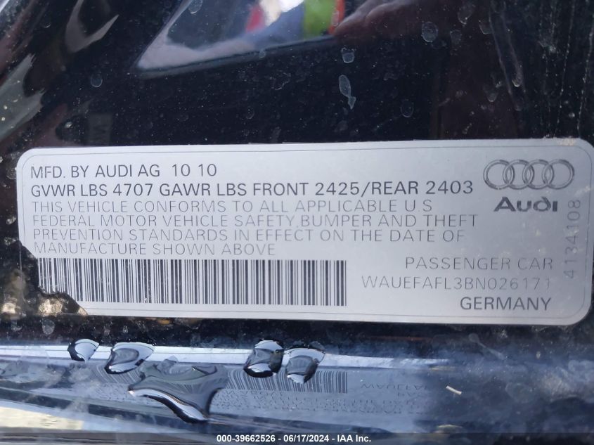 2011 Audi A4 2.0T Premium VIN: WAUEFAFL3BN026171 Lot: 39662526