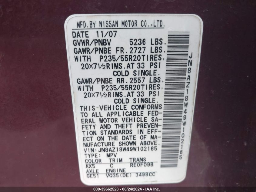 2009 Nissan Murano Le VIN: JN8AZ18W49W102165 Lot: 39662528